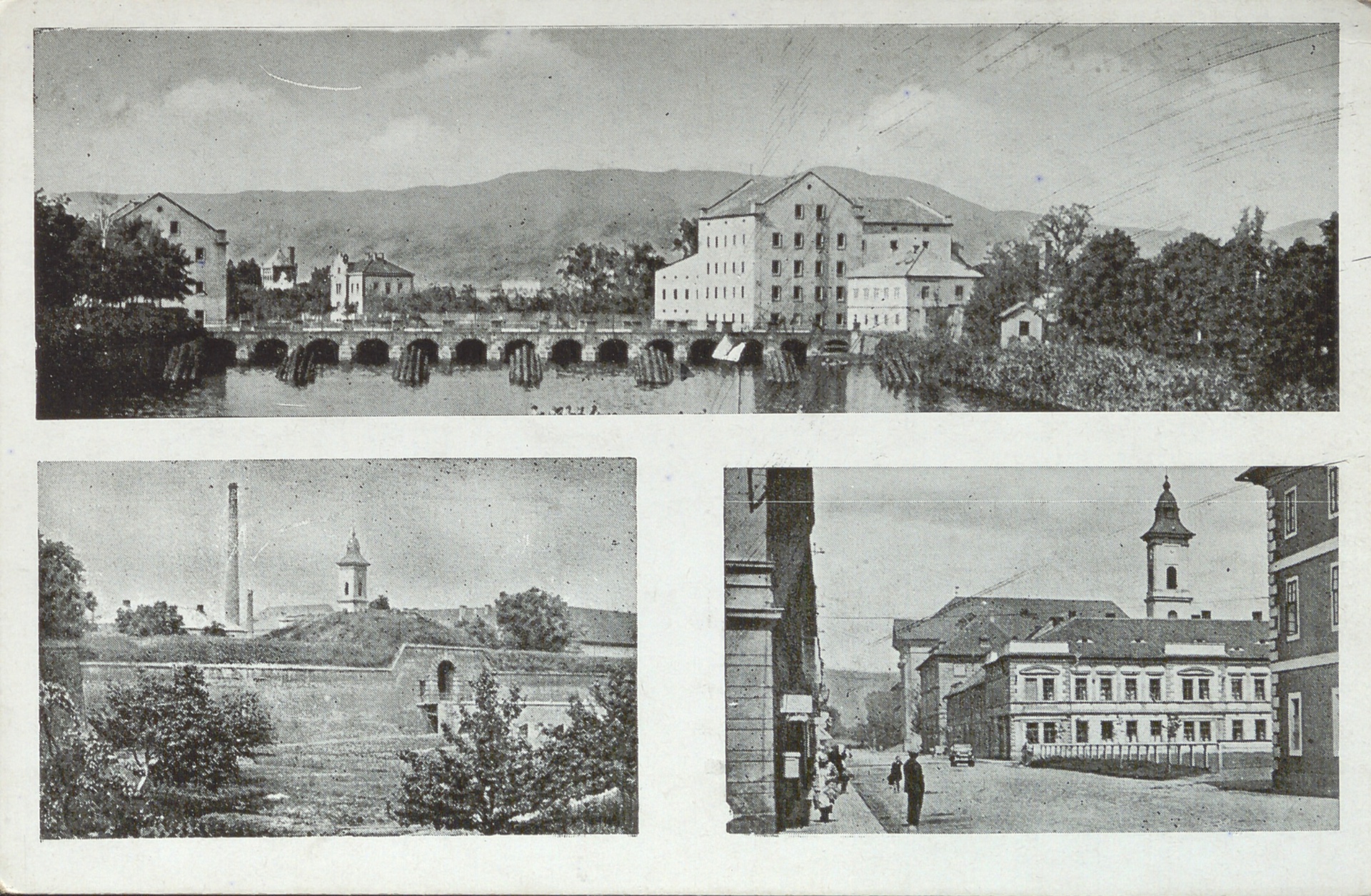 Ohře, most a mlýn; hradby a ulice města