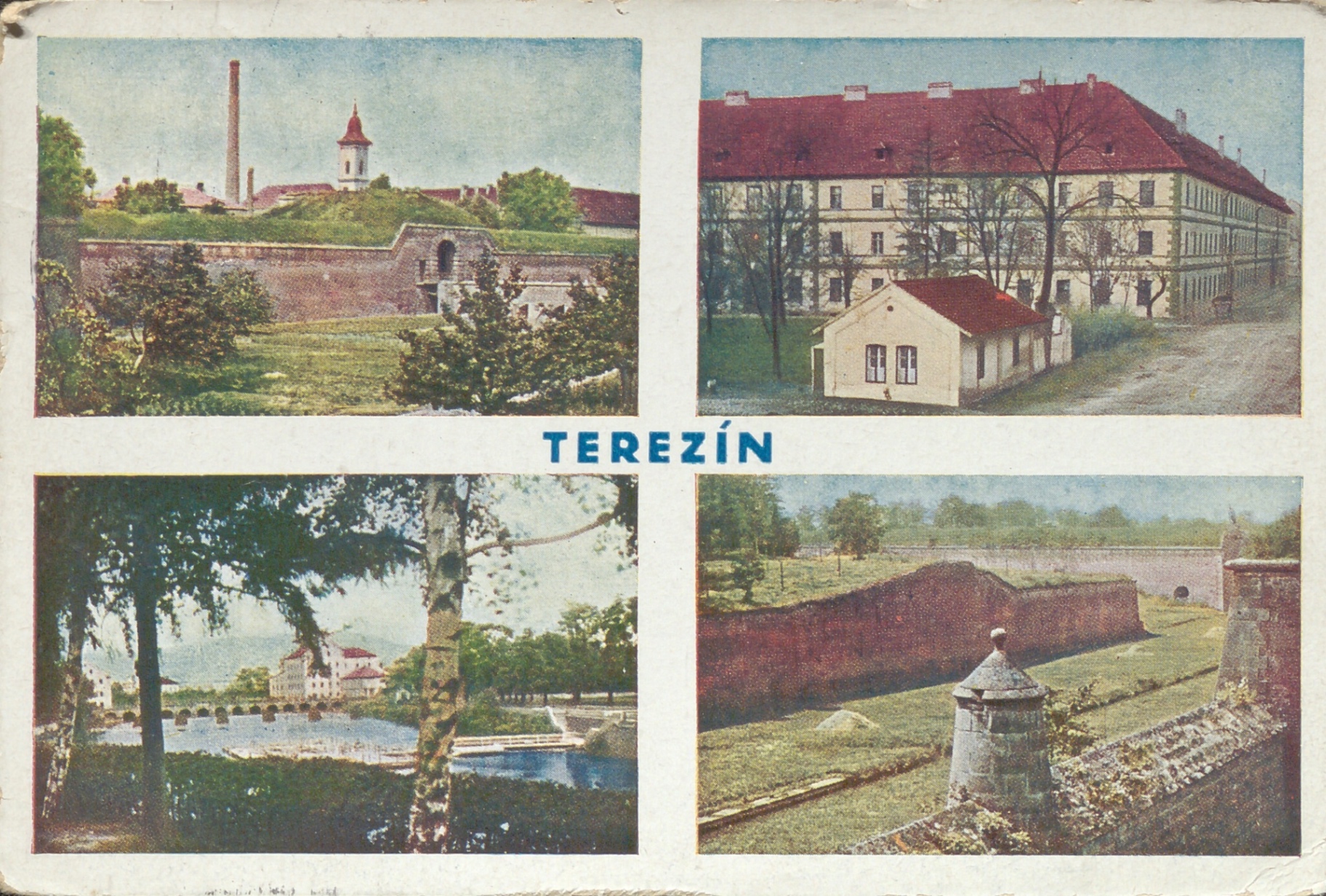 Kolorovaná pohlednice Terezína — bastiony, kasárna a Ohře